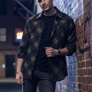 Vintage NEW GEN Y2K‎ Cyber Textured Grid Shirt XL Black Metallic Gold Embroidery